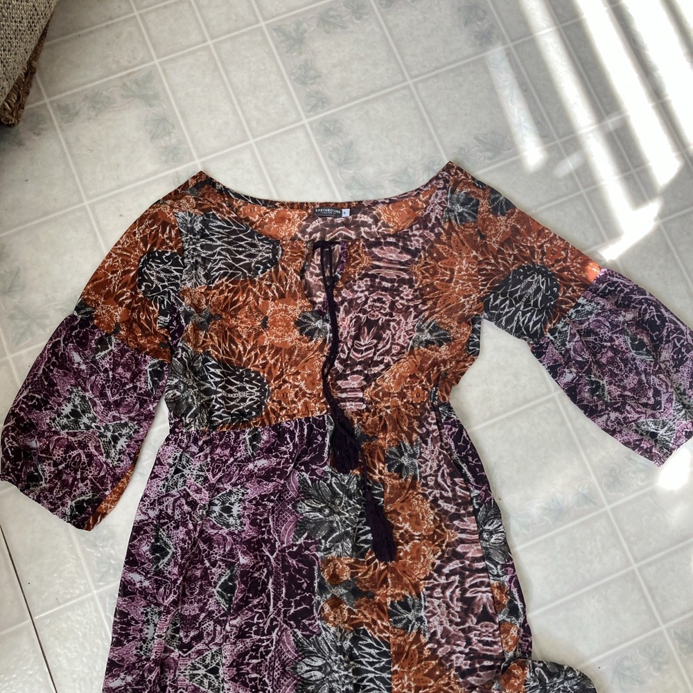 Earthbound Trading Co Boho Print Long Sleeve Peasant Dress Pink Brown Size Small